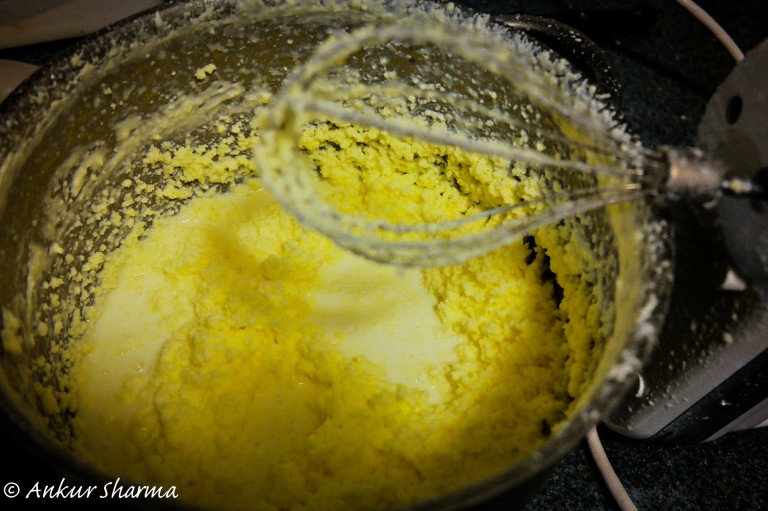 Beat with hand whip for 45-60 mins till you will see butter separate from buttermilk.